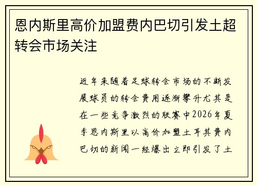 恩内斯里高价加盟费内巴切引发土超转会市场关注